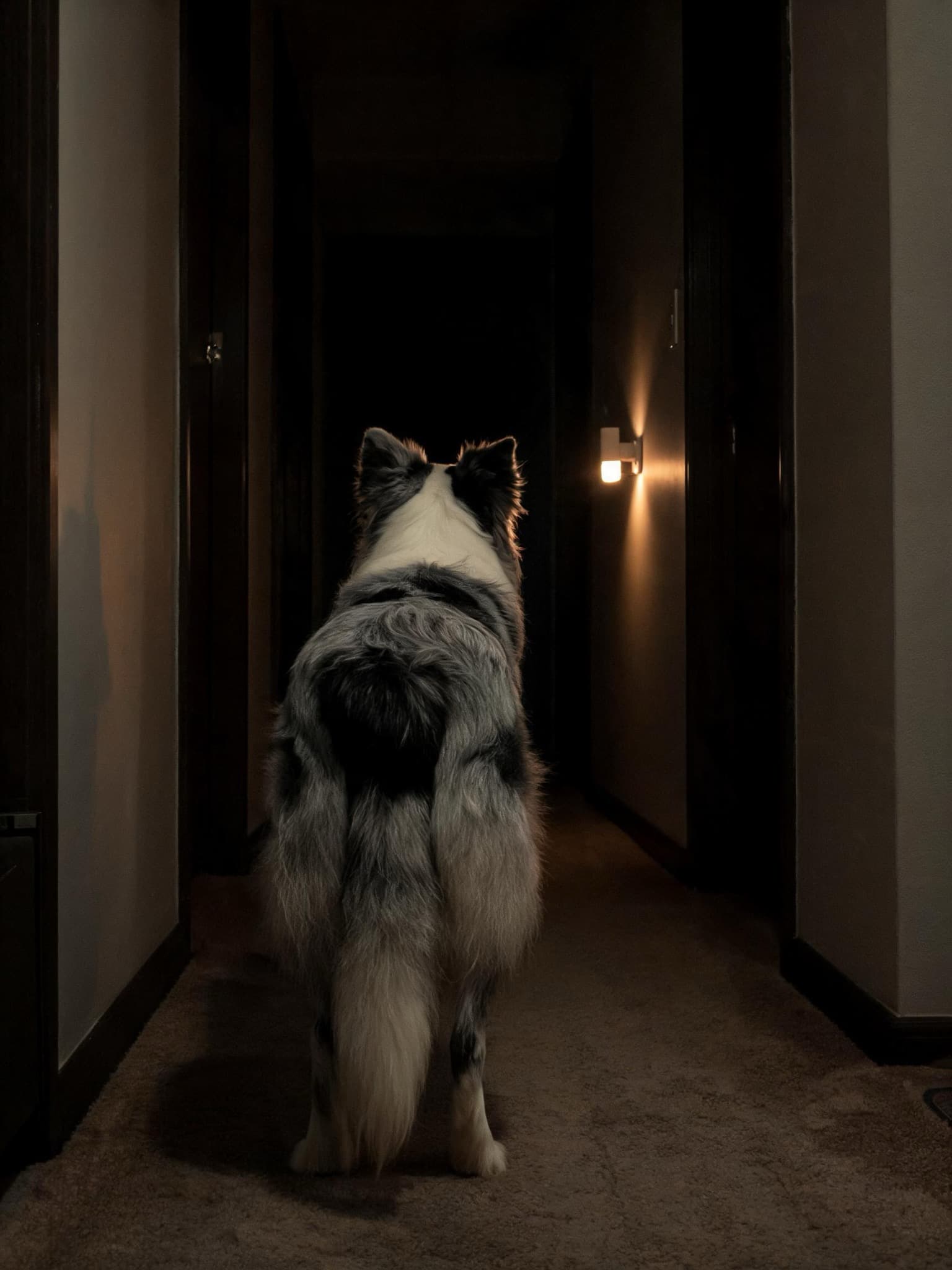 A senior dog standing alone in a dim hallway at night, lit by one warm night-light